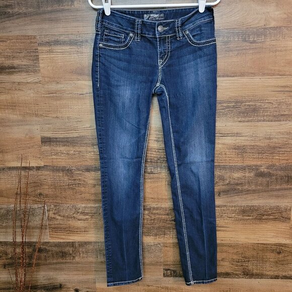 Silver Jeans Womens 27 Suki Skinny Open Button Flap Pockets Low Rise Dark Wash - Picture 2 of 13